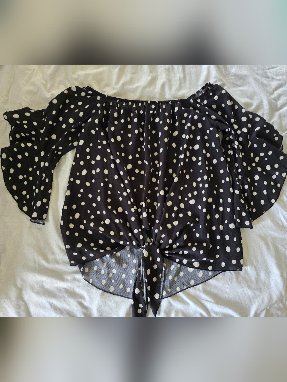 Polka Dot Off-Shoulder Tie-Front Blouse - Black/White